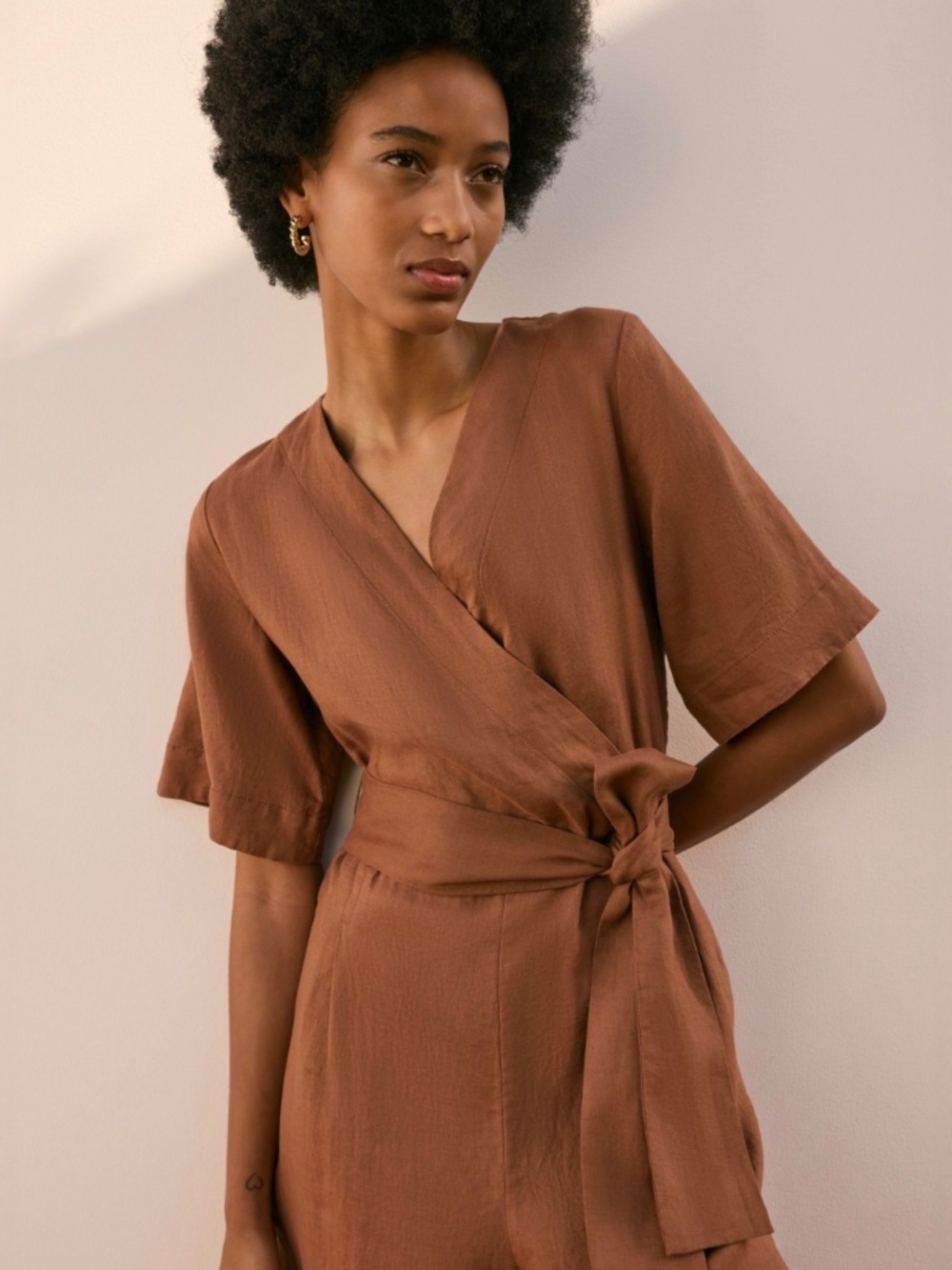 Everlane Wrap Jumpsuit Linen Caron Brown